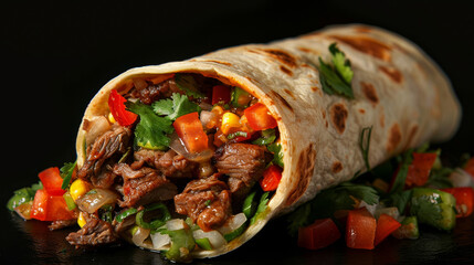 A burrito filled with meat and vegetables