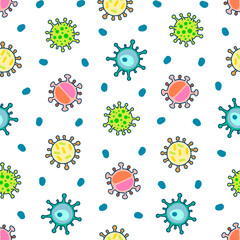 Bacteria, virus, germ, microbe and pathogen. Seamless pattern. Medical healthcare. Hand drawn style. Vector drawing. Design ornaments.