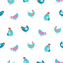 Hen rooster and chick. Seamless pattern. Cute chicken farm characters. Vector drawing. Design ornaments.