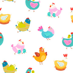 Obraz premium Hen rooster and chick. Seamless pattern. Cute chicken farm characters. Vector drawing. Design ornaments.