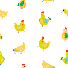 Hen rooster and chick. Seamless pattern. Cute chicken farm characters. Vector drawing. Design ornaments.