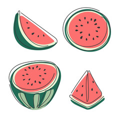 Abstract Continuous line drawn sweet watermelon. Half and slices of ripe red watermelon. Ingredient fruit berry for summer cocktail lemonade. Healthy natural organic diet refreshment food