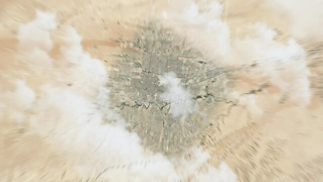 Zooming on Riyadh, Saudi Arabia. Earth zoom in from outer space to city. The animation continues by zoom out through clouds and atmosphere into space. View of the Earth at night. Images from NASA. 4K