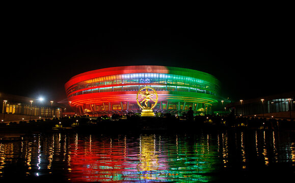 Night view of Bharat Mandapam convention centre, The venue of G20 Summit, which is held in New Delhi, India.