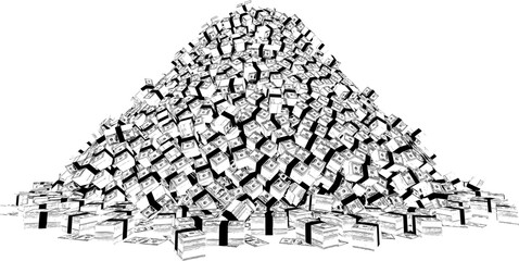Huge pile of money, vector eps format of dollar stacks on pile isolated on transparent background.