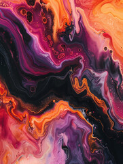 Orange and purple bubbling liquid color background. Dark narrow backdrop.