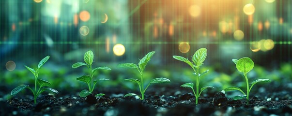 Various stages of plant growth in a row with a backdrop of glowing financial market graphs