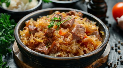 Fototapeta premium French cuisine. Shukrut (stewed sauerkraut with smoked meats).