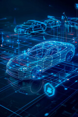 A digital concept of a futuristic car with glowing blue lines, highlighting automotive technology