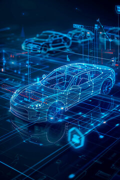 A digital concept of a futuristic car with glowing blue lines, highlighting automotive technology