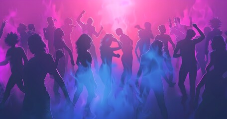 Obraz premium Abstract vector background with silhouettes of people dancing at a party, night club poster design template 