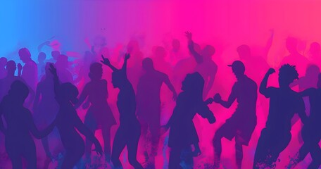 Abstract vector background with silhouettes of people dancing at a party, night club poster design template
