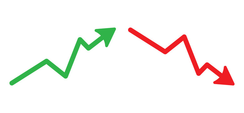 Graph going Up and Down sign with green and red arrows vector. Flat design vector illustration concept of sales bar chart symbol icon with arrow moving down and sales bar chart with arrow moving up.