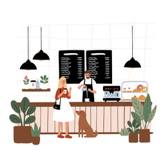 Dog Friendly Cafe Vector Illustrations. Coffee shop scenes with barista prepare beverages clipart. People chat, relax, and work in stylish decor beanery. Dog owners and their canine enjoying tea.