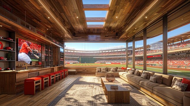 A private luxury suite overlooking a baseball stadium with wood accents and comfortable seating. The suite offers a view of the field and the surrounding area