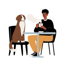 Dog Friendly Coffee Shop Set Clipart. People enjoying coffee, working, relaxing in the cafe with their furry friends flat vector illustration. Baristas preparing drinks in beanery.