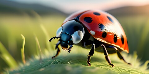 Obraz premium ladybird macroshot with meadow and sunset in background. Extremely detailed and realistic high resolution illustration