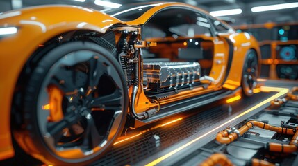 Fototapeta premium Orange Electric Sports Car on Assembly Line