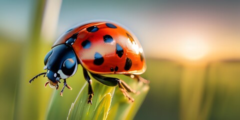 ladybird macroshot with meadow and sunset in background. Extremely detailed and realistic high resolution illustration
