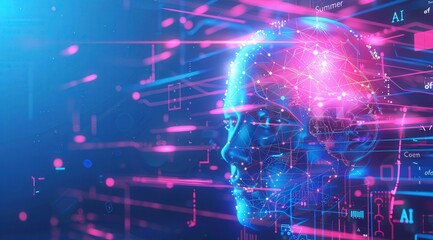 A computer generated image of a brain with pink and blue lines