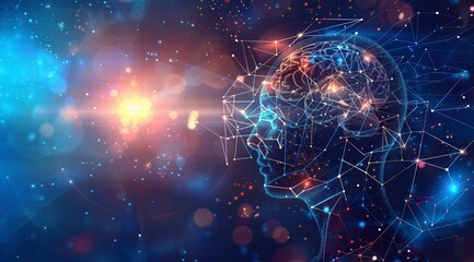 A brain made of lines and dots is shown in a blue and red background