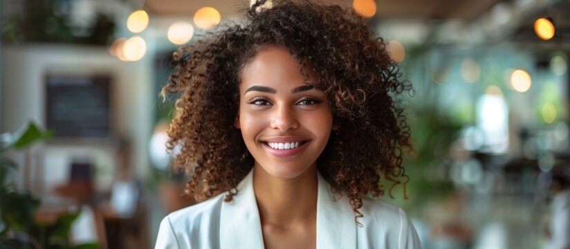 Smiling Woman With Curly Hair In A Cafe