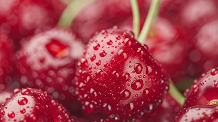 Close-up of plump, ripe cherries with water droplets, highlighting their vivid red color and fresh, juicy texture, perfect for a summer fruit collection