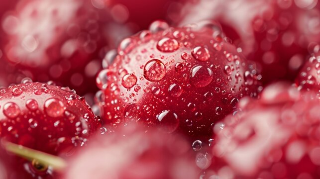 Close-up of plump, ripe cherries with water droplets, highlighting their vivid red color and fresh, juicy texture, perfect for a summer fruit collection