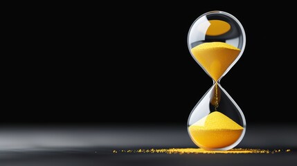 Countdown visualized by yellow sand trickling in an hourglass, dark empty black background, emphasizing the passage of time and urgency of a deadline approaching