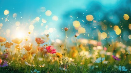 Colorful flower meadow with sunbeams and blue sky and bokeh lights in summer