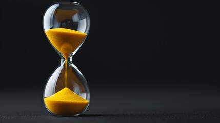 Countdown visualized by yellow sand trickling in an hourglass, dark empty black background, emphasizing the passage of time and urgency of a deadline approaching