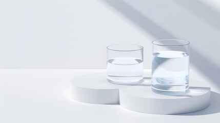 Detailed illustration of three water reservoirs, isolated on a white background, showcasing different sizes and shapes, realistic reflections and textures, minimalist aesthetic