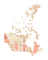 Fototapeta premium Canada Word Cloud. Country shape with province division. Canada typography style image. Province names tag clouds. Vector illustration.