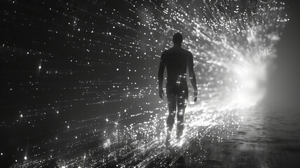 Fototapeta premium LLM graphics flowting around a wireframe avatar in a black studion space.generative ai