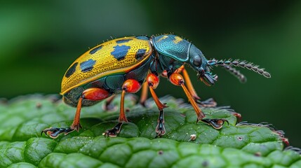 Naklejka premium Close-up of a Vibrant Beetle on a Green Leaf