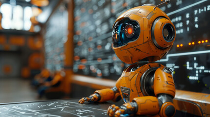 In class, a robot teaches math by the blackboard; students learn in warm, orange tones.generative ai