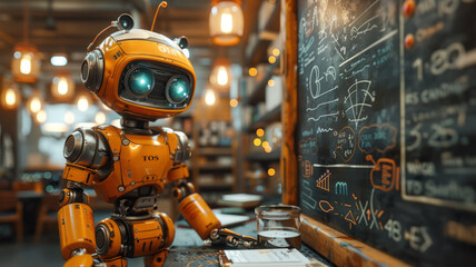 In class, a robot teaches math by the blackboard; students learn in warm, orange tones.generative ai