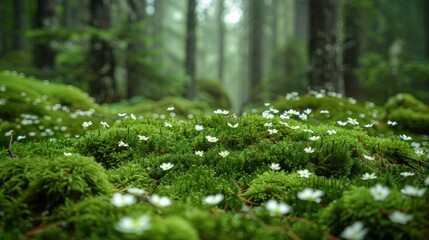 Forest Floor with Delicate White Flowers and Lush Green Moss