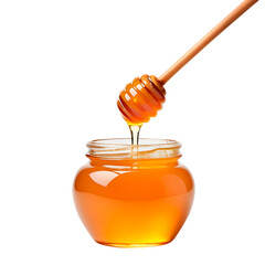 Compota de mel abelha com colher meleira em fundo transparente, sem fundo.