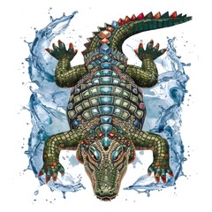 Fototapeta premium A painting of a crocodile adorned with intricate patterns, vibrant colors, and dazzling gemstones.