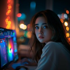 Captivating Evening Portrait of a Young Woman in a Digital Art Studio, Intense Focus and Colorful Lights: A Nighttime Scene of Creativity