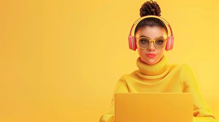 A 3D woman character is depicted wearing headphones and sunglasses while working on a laptop, all against a bold yellow backdrop. Generative AI