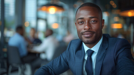 Fototapeta premium Confident African American businessman, sharply focused, leads in a modern office.generative ai