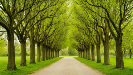 Fototapeta premium Lime tree avenue resembling a tunnel in spring, with fresh green foliage, located in the park of Hundis burg Castle, Germany, Europe