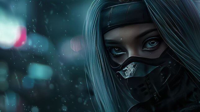 Woman asian mysterious cyberpunk ninja with cloth covering on face Background wallpaper AI generated image