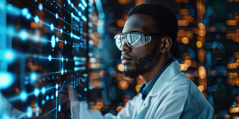 A scientist in lab coat using ai or computers to answer physics questions