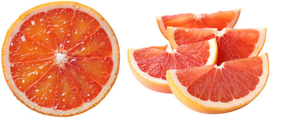 close up group of cut grapefruit one  half sliced citrus fresh fruit collection set, PNG transparent background