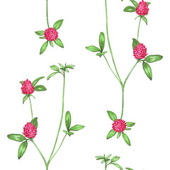 Seamless repeating pattern watercolor sprig with purple-pink clover flowers with green leaves on white background, flat and simple, for wrapping paper, covers, cards