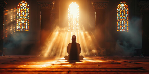 Silhouette of man praying at a mosque at sunset