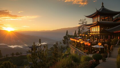 Fototapeta premium Chinese mountain house bathed in warm glow of golden sunset, creating picturesque scene